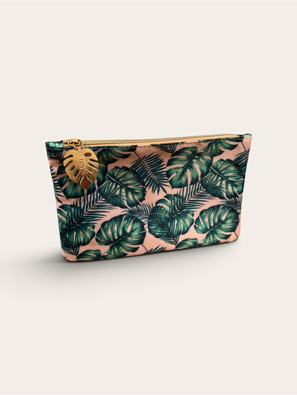 ipsy Pink Pouch with Green Tropical Leaf Pattern